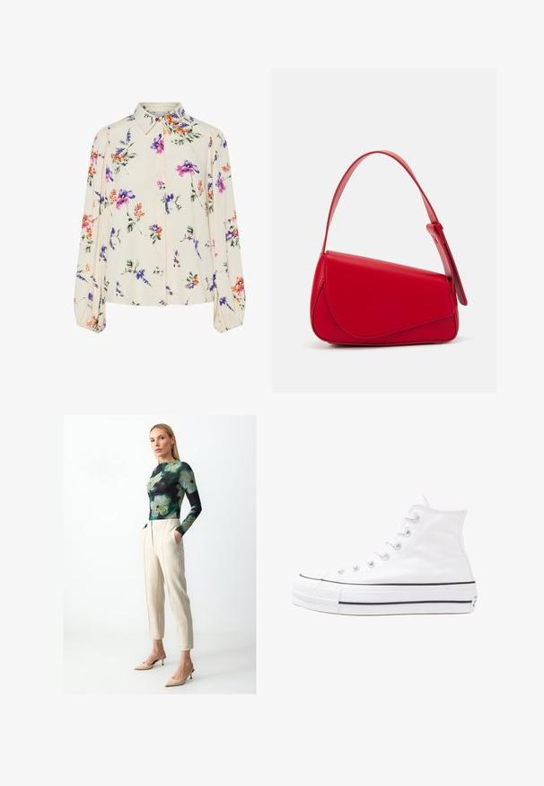 Floral blouse with long puff sleeves, light cream base, featuring purple, orange, and green floral patterns, and classic collar design.; Long-sleeve top featuring a floral pattern in green and black, paired with cream tapered pants and nude heels with a stiletto design.; White high-top canvas sneaker with black rubber sole, front rubber toe cap, and six eyelets for laces, featuring a clean, minimalist design.; Red leather handbag with an angular, geometric design. Features a single adjustable strap and a flap closure with stitched detailing.