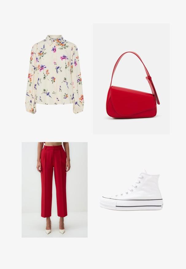 Bloes met bloemenprint en lange pofmouwen, lichte crème basis, met paarse, oranje en groene bloemmotieven, en een klassiek kraagontwerp.; Rode op maat gemaakte broek met een hoge taille, geplooide voorkant, rechte pijpen en een gladde stof. Draag met witte spitse hakken.; Witte high-top canvas sneakers met een zwarte rubberen zool, een rubberen neuskap aan de voorkant en zes gaatjes voor veters, met een schone, minimalistische uitstraling.; Rode leren handtas met een hoekig, geometrisch ontwerp. Beschikt over een enkele verstelbare schouderriem en een klepclosure met gestikte details.