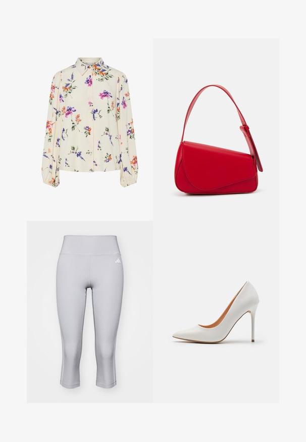 Kukkakuvioinen paita pitkillä puff-hihoilla, vaalean kerma pohja, jossa on violetteja, oransseja ja vihreitä kukkakuoseja sekä klassinen kaulustyyli.; Vaaleanharmaat capri leggings, joissa on sileä ja joustava kangas. Ominaisuuksiin kuuluu leveä vyötärö ja pieni logo vasemmalla puolella.; Valkoinen patenttinen korkeakorkoinen korkokenkä, jossa on teräväkärkinen muotoilu ja hoikka stiletto-korko. Kenkässä on sileä pinta ja beige sisustus.; Punainen nahkalaukku, jossa on kulmikas, geometrinen muotoilu. Varustettu yhdellä säädettävällä hihnalla ja läpällä, jossa on ommeltu yksityiskohtia.
