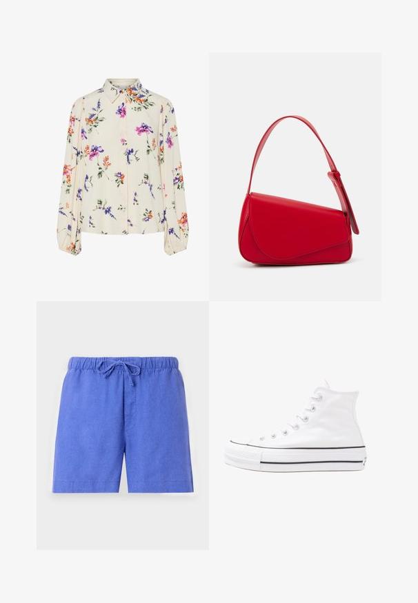 Ziedu blūze ar garām pūkām, gaiši krēmveida pamatne, ar purpursarkanām, oranžām un zaļām ziedu rakstiem, kā arī klasisko apkakles dizainu.; Zili šorti, kas izgatavoti no viegla auduma, ar elastīgu jostasvietu un auklu, un ar vienu priekšējo kabatu.; Balti augstie kanvas sporta apavi ar melnu gumijas zoli, priekšējo gumijas purngalu un sešām acīm lencēm, kuriem ir tīrs, minimālistisks dizains.; Sarkans ādas rokassomi ar stūrainu, ģeometrisku dizainu. Iekļauj vienu regulējamu siksnu un vāku ar izšūtu detaļu.