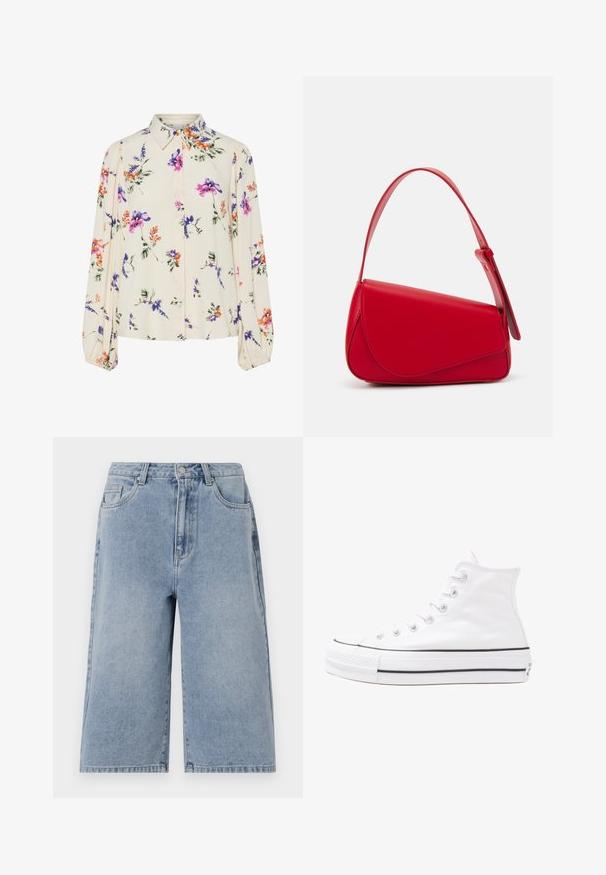 Bluză florală cu mâneci lungi și puff, bază de crem deschis, cu modele florale în nuanțe de violet, portocaliu și verde, și design cu guler clasic.; Jeanși scurți de culoare bleu deschis, cu o croială largă, talie medie și cusături vizibile. Dispun de buzunare laterale și la spate, și se închid cu un nasture.; Adidași albi tip pantofi sport cu glezna din pânză, cu talpă din cauciuc negru, capac de vârf din cauciuc frontal și șase ochiuri pentru șireturi, având un design curat și minimalist.; Geantă de mână din piele roșie, cu un design unghiular și geometric. Dispune de o singură curea ajustabilă și un sistem de închidere cu clapetă, cu detalii cusute.