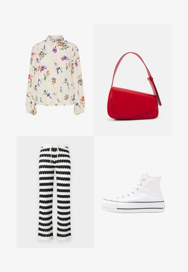 Blusa floral com mangas bufantes longas, base de creme claro, apresentando padrões florais em roxo, laranja e verde, e design de gola clássica.; Calças de malha com riscas alternadas em preto e branco, com cintura elástica ajustável e bainhas largas. Fabricadas em tecido texturizado com um design de malha aberta.; Sapatilha alta de tela branca com sola de borracha preta, bico de borracha na frente e seis ilhós para os atacadores, apresentando um design limpo e minimalista.; Bolsa de mão em couro vermelho com um design angular e geométrico. Apresenta uma única alça ajustável e um fecho com aba, com detalhes cosidos.