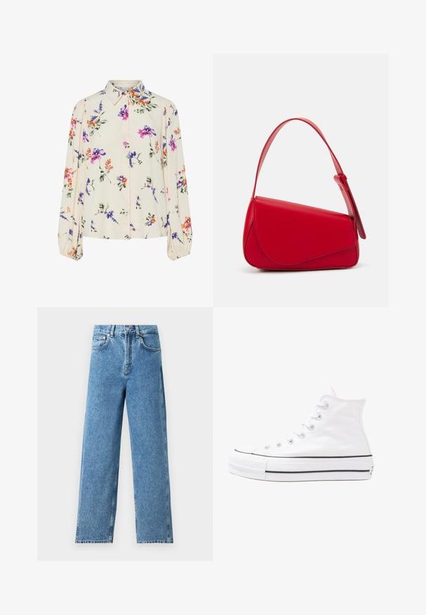 Gėlių bluzonas su ilgomis pūkuotomis rankovėmis, šviesiai kreminiu pagrindu, su violetiniais, oranžiniais ir žaliais gėlių raštais bei klasikiniu apykaklės dizainu.; Šviesiai mėlynos tiesios kojos džinsai, pagaminti iš džinsinio audinio, su aukštu liemeniu, priekiniais sagčių užsegimais ir penkių kišenių dizainu bei matomu siuvinėjimu.; Balti aukštakulniai drobės sportbačiai su juodu guminio pado, priekinio guminio piršto dangteliu ir šešiais akytėmis raištams, pasižymintys švariu, minimalistiniu dizainu.; Raudona odinė rankinė su kampuota, geometrine forma. Pasižymi viena reguliuojama dirželiu ir dangteliu su siuvinėtais dekoracijomis.