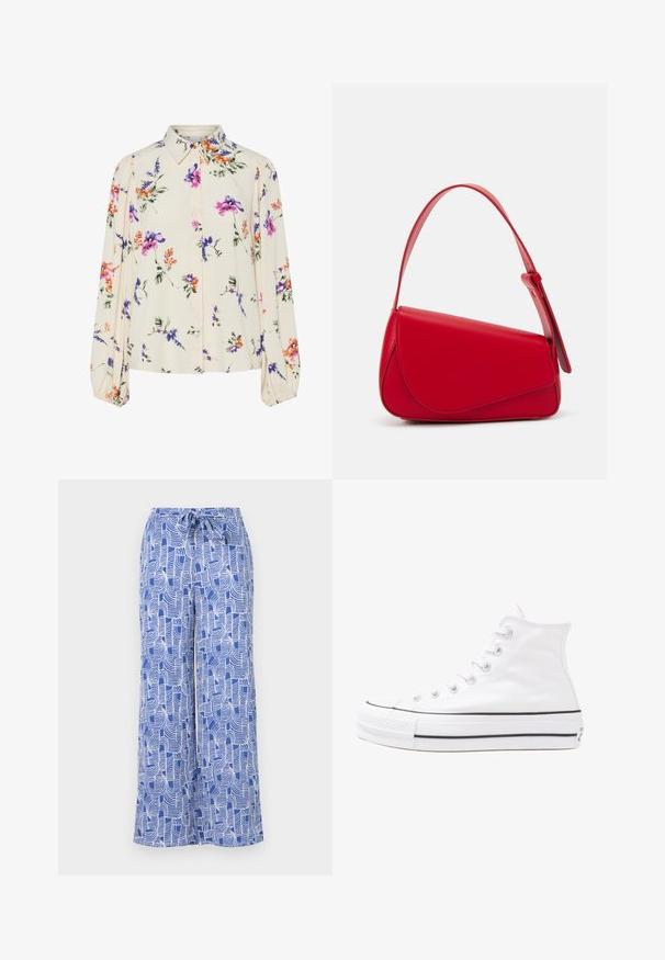 Floral blouse with long puff sleeves, light cream base, featuring purple, orange, and green floral patterns, and classic collar design.; Blue patterned wide-leg pants featuring a drawstring waist, made of lightweight fabric with white abstract line designs.; White high-top canvas sneaker with black rubber sole, front rubber toe cap, and six eyelets for laces, featuring a clean, minimalist design.; Red leather handbag with an angular, geometric design. Features a single adjustable strap and a flap closure with stitched detailing.