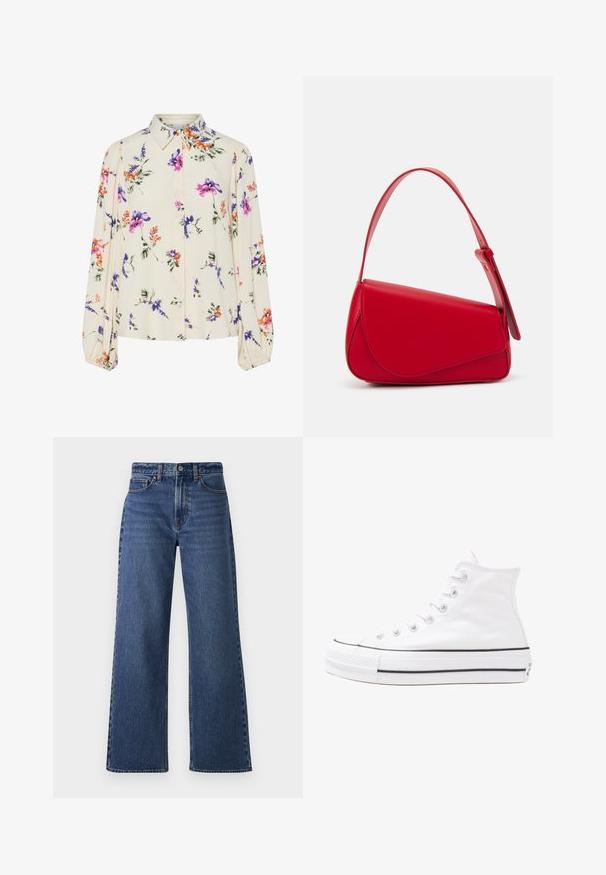 Λουλουδάτη μπλούζα με μακριά φουσκωτά μανίκια, σε απαλό κρέμ χρώμα, που διαθέτει μωβ, πορτοκαλί και πράσινα λουλουδάτα μοτίβα, καθώς και κλασικό σχέδιο γιακά.; Μπλε τζιν παντελόνι με φαρδιά πόδια και ψηλή μέση, διαθέτοντας κλείσιμο με κουμπί, θηλιές ζώνης και κλασικό σχεδιασμό πέντε τσέπων.; Λευκό ψηλό καμβαδάκι αθλητικό παπούτσι με μαύρη καουτσούκ σόλα, πρόσθιο καουτσούκ καλύμματος δακτύλου και έξι οπές για κορδόνια, με μια καθαρή και μίνιμαλ σχεδίαση.; Κόκκινη δερμάτινη τσάντα χειρός με γωνιακό, γεωμετρικό σχέδιο. Διαθέτει έναν ρυθμιζόμενο ιμάντα και κλείσιμο με καπάκι που έχει ραφές.