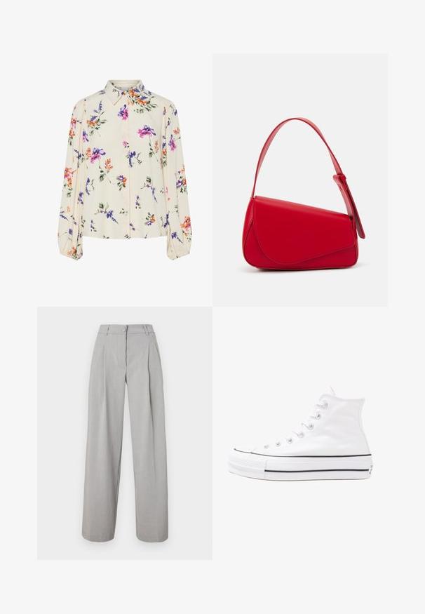 Bluză florală cu mâneci lungi și puff, bază de crem deschis, cu modele florale în nuanțe de violet, portocaliu și verde, și design cu guler clasic.; Pantaloni palazzo gri deschis, cu pliuri, talie cu nasturi și o textură de stofă netedă. Picioarele cu croială dreaptă se îngustează ușor la tiv.; Adidași albi tip pantofi sport cu glezna din pânză, cu talpă din cauciuc negru, capac de vârf din cauciuc frontal și șase ochiuri pentru șireturi, având un design curat și minimalist.; Geantă de mână din piele roșie, cu un design unghiular și geometric. Dispune de o singură curea ajustabilă și un sistem de închidere cu clapetă, cu detalii cusute.