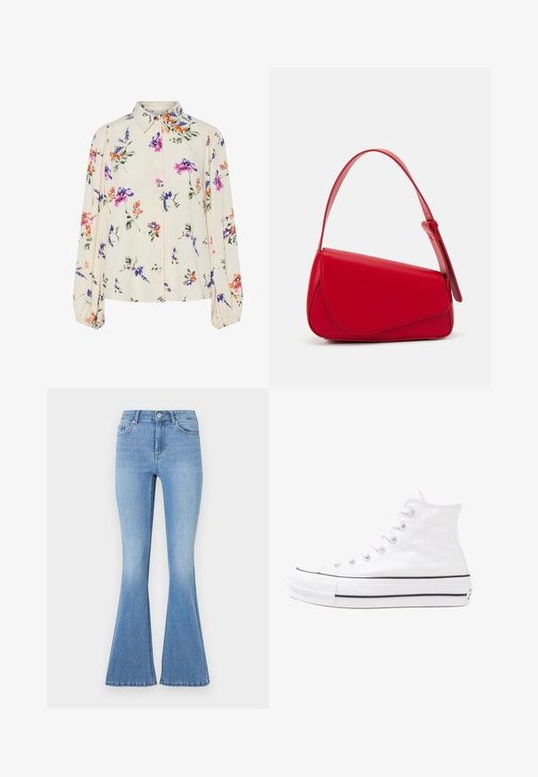 Bloes met bloemenprint en lange pofmouwen, lichte crème basis, met paarse, oranje en groene bloemmotieven, en een klassiek kraagontwerp.; Lichtblauwe flare jeans met een fijne denim textuur, versierd met verspreide zilveren studs aan de voorkant en een klassieke vijf-pocket ontwerp.; Witte high-top canvas sneakers met een zwarte rubberen zool, een rubberen neuskap aan de voorkant en zes gaatjes voor veters, met een schone, minimalistische uitstraling.; Rode leren handtas met een hoekig, geometrisch ontwerp. Beschikt over een enkele verstelbare schouderriem en een klepclosure met gestikte details.
