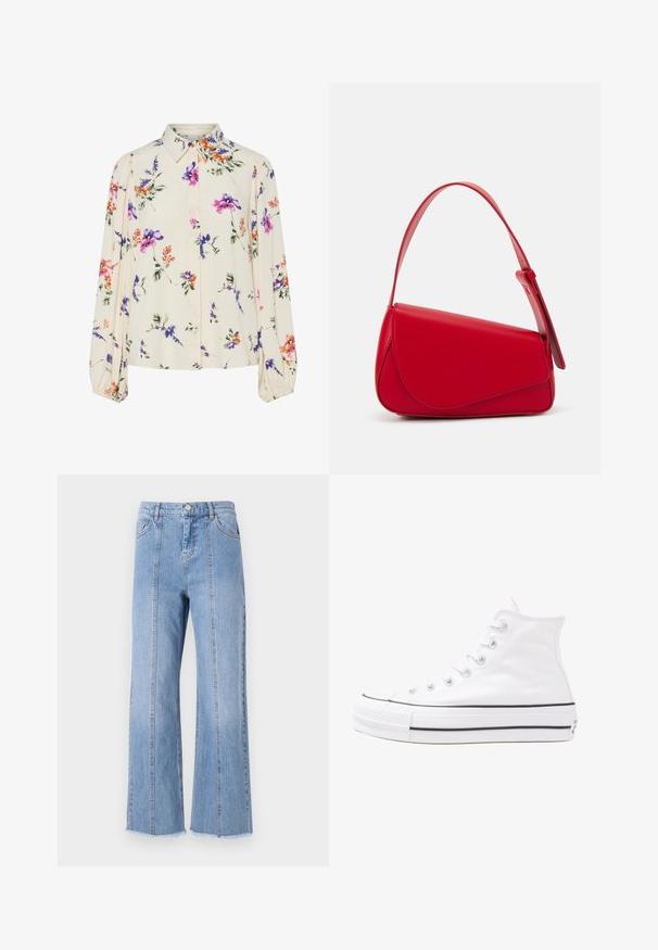 Lille kreemipehme lilleline pluus, millel on pikad puhvli varrukad, millel on lillad, oranžid ja rohelised lillemustrid ning klassikaline kaelus.; Heledad sinise denimi laiad püksid kõrge vöökohaga, ees olevate õmblustega ja töödeldud äärtega. Omab klassikalist nööbi ja tõmbe sulgemist vööjoonel.; Valge kõrgem kangast tenniseking, millel on must kummist tald, ees kummist varvasetugi ja kuus aukku paelte jaoks, pakkudes puhta ja minimalistliku disaini.; Punane nahast käekott, millel on nurkadega geomeetriline disain. Omab ühte reguleeritavat rihma ja klappidega sulgemist, millel on õmblustega kaunistused.