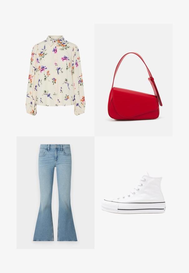 Floral blouse with long puff sleeves, light cream base, featuring purple, orange, and green floral patterns, and classic collar design.; Light blue denim flared jeans with a high waist, five-pocket design, subtle fading, and a wide hem; made from woven cotton material.; White high-top canvas sneaker with black rubber sole, front rubber toe cap, and six eyelets for laces, featuring a clean, minimalist design.; Red leather handbag with an angular, geometric design. Features a single adjustable strap and a flap closure with stitched detailing.