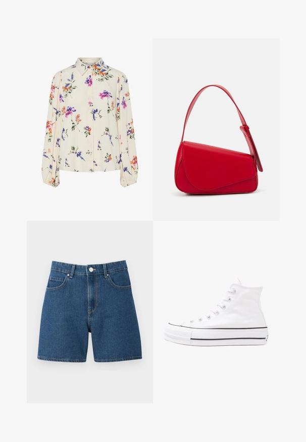 Λουλουδάτη μπλούζα με μακριά φουσκωτά μανίκια, σε απαλό κρέμ χρώμα, που διαθέτει μωβ, πορτοκαλί και πράσινα λουλουδάτα μοτίβα, καθώς και κλασικό σχέδιο γιακά.; Σορτς από τζιν σε σκούρο μπλε, με κλασικό σχέδιο πέντε τσεπών, κλείσιμο με κουμπί και ίσια γραμμή με ελάχιστες λεπτομέρειες ραφής.; Λευκό ψηλό καμβαδάκι αθλητικό παπούτσι με μαύρη καουτσούκ σόλα, πρόσθιο καουτσούκ καλύμματος δακτύλου και έξι οπές για κορδόνια, με μια καθαρή και μίνιμαλ σχεδίαση.; Κόκκινη δερμάτινη τσάντα χειρός με γωνιακό, γεωμετρικό σχέδιο. Διαθέτει έναν ρυθμιζόμενο ιμάντα και κλείσιμο με καπάκι που έχει ραφές.