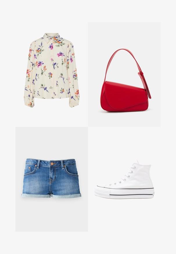 Kukkakuvioinen paita pitkillä puff-hihoilla, vaalean kerma pohja, jossa on violetteja, oransseja ja vihreitä kukkakuoseja sekä klassinen kaulustyyli.; Siniset farkkutrikoot, joissa on käännetty helma. Niissä on kaksi etutaskua, nappikiinnitys ja kontrastiväriset ompeluyksityiskohdat.; Valkoiset korkeavartiset kangaskengät mustalla kumipohjalla, edessä kuminen varvasosa ja kuusi nauha-aukkoa, puhtaan minimalistisella muotoilulla.; Punainen nahkalaukku, jossa on kulmikas, geometrinen muotoilu. Varustettu yhdellä säädettävällä hihnalla ja läpällä, jossa on ommeltu yksityiskohtia.