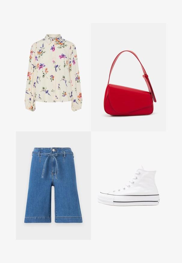 Ziedu blūze ar garām pūkām, gaiši krēmveida pamatne, ar purpursarkanām, oranžām un zaļām ziedu rakstiem, kā arī klasisko apkakles dizainu.; Tumši zili džinsus šorti ar brīvu piegriezumu, savelkamu jostu un platām kājām. Iezīmes ir šūtas apakšmalas un priekšējā pogu aizdare.; Balti augstie kanvas sporta apavi ar melnu gumijas zoli, priekšējo gumijas purngalu un sešām acīm lencēm, kuriem ir tīrs, minimālistisks dizains.; Sarkans ādas rokassomi ar stūrainu, ģeometrisku dizainu. Iekļauj vienu regulējamu siksnu un vāku ar izšūtu detaļu.