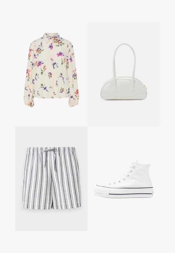 Kukkakuvioinen paita pitkillä puff-hihoilla, vaalean kerma pohja, jossa on violetteja, oransseja ja vihreitä kukkakuoseja sekä klassinen kaulustyyli.; Raidalliset shortsit valkoisena ja laivastonsinisenä, joissa on nyöri vyötäröllä, rento leikkaus ja pehmeä, kevyt kangas. Sileä tekstuuri ja rento muotoilu.; Valkoiset korkeavartiset kangaskengät mustalla kumipohjalla, edessä kuminen varvasosa ja kuusi nauha-aukkoa, puhtaan minimalistisella muotoilulla.; Even&Odd Käsilaukku - off-white