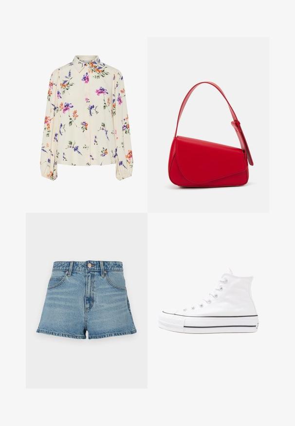 Gėlių bluzonas su ilgomis pūkuotomis rankovėmis, šviesiai kreminiu pagrindu, su violetiniais, oranžiniais ir žaliais gėlių raštais bei klasikiniu apykaklės dizainu.; Šviesiai mėlyni džinsiniai šortai su aukštu liemeniu, suplėšytu apvadu, kontrastinėmis siūlėmis ir priekinių kišenių. Įtrauktas metalinis mygtukas ir prekės ženklo etiketė.; Balti aukštakulniai drobės sportbačiai su juodu guminio pado, priekinio guminio piršto dangteliu ir šešiais akytėmis raištams, pasižymintys švariu, minimalistiniu dizainu.; Raudona odinė rankinė su kampuota, geometrine forma. Pasižymi viena reguliuojama dirželiu ir dangteliu su siuvinėtais dekoracijomis.