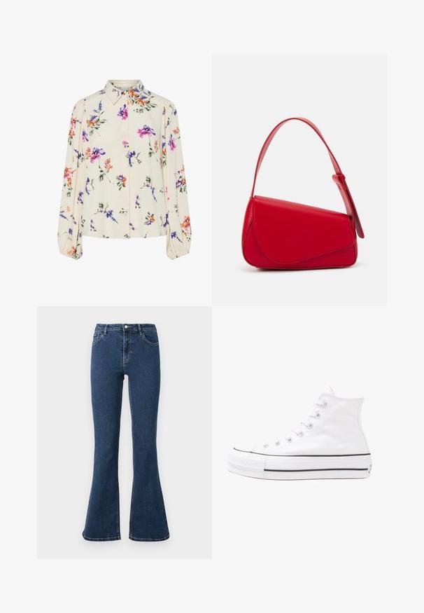 Floral blouse with long puff sleeves, light cream base, featuring purple, orange, and green floral patterns, and classic collar design.; Flared jeans made of dark blue denim, featuring a button closure, five pockets, and contrast stitching. Smooth texture and wide leg design.; White high-top canvas sneaker with black rubber sole, front rubber toe cap, and six eyelets for laces, featuring a clean, minimalist design.; Red leather handbag with an angular, geometric design. Features a single adjustable strap and a flap closure with stitched detailing.