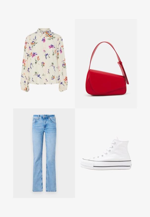 Bluză florală cu mâneci lungi și puff, bază de crem deschis, cu modele florale în nuanțe de violet, portocaliu și verde, și design cu guler clasic.; Blugi evazați din denim albastru deschis, cu cinci buzunare, închidere cu nasture și bucle pentru curea, având zone decolorate și o textură netedă.; Adidași albi tip pantofi sport cu glezna din pânză, cu talpă din cauciuc negru, capac de vârf din cauciuc frontal și șase ochiuri pentru șireturi, având un design curat și minimalist.; Geantă de mână din piele roșie, cu un design unghiular și geometric. Dispune de o singură curea ajustabilă și un sistem de închidere cu clapetă, cu detalii cusute.