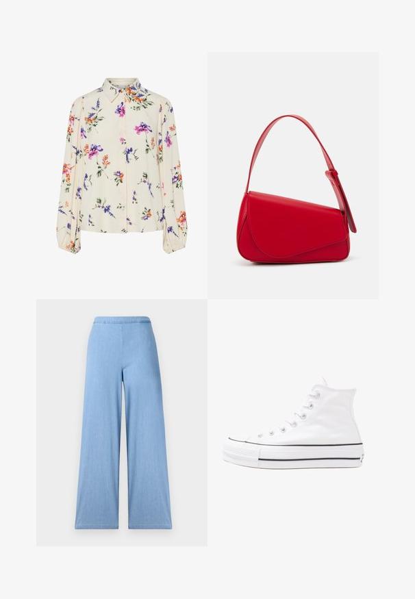 Blusa floral com mangas bufantes longas, base de creme claro, apresentando padrões florais em roxo, laranja e verde, e design de gola clássica.; Jeans de perna larga azul claro feitos de denim, com cintura alta, textura suave e sem bolsos ou adornos visíveis na frente.; Sapatilha alta de tela branca com sola de borracha preta, bico de borracha na frente e seis ilhós para os atacadores, apresentando um design limpo e minimalista.; Bolsa de mão em couro vermelho com um design angular e geométrico. Apresenta uma única alça ajustável e um fecho com aba, com detalhes cosidos.