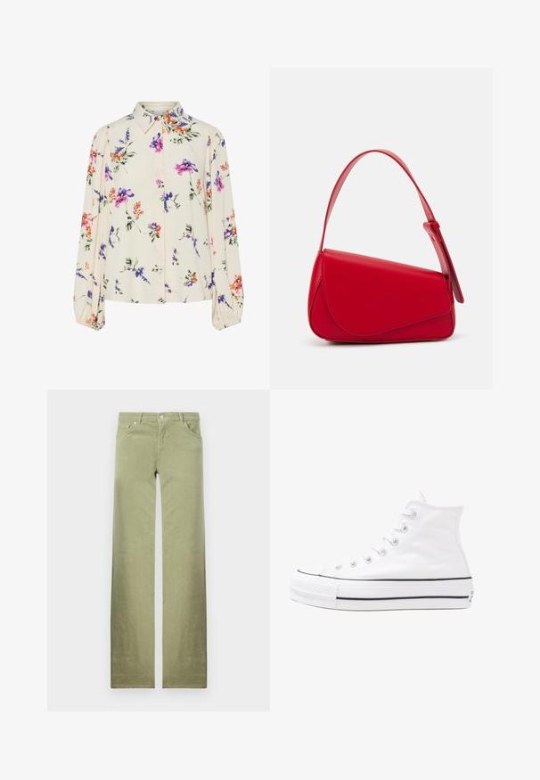 Ziedu blūze ar garām pūkām, gaiši krēmveida pamatne, ar purpursarkanām, oranžām un zaļām ziedu rakstiem, kā arī klasisko apkakles dizainu.; Zaļas kokvilnas bikses ar taisnu kājstāvu dizainu, ar priekšējām kabatām, pogu aizdari un gludu, teksturētu auduma apdari.; Balti augstie kanvas sporta apavi ar melnu gumijas zoli, priekšējo gumijas purngalu un sešām acīm lencēm, kuriem ir tīrs, minimālistisks dizains.; Sarkans ādas rokassomi ar stūrainu, ģeometrisku dizainu. Iekļauj vienu regulējamu siksnu un vāku ar izšūtu detaļu.