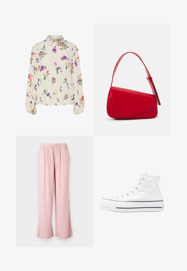 Kvetinová blúzka s dlhými puff rukávmi, svetlovo krémovej farby, so vzormi kvetov v purpurovej, oranžovej a zelenej farbe, a klasickým dizajnom goliera.; Svetloružové nohavice s širokými nohavicami vyrobené z mäkkého materiálu, s elastickým pásom a šnúrkou na stiahnutie. Dizajn má uvoľnený strih a priame nohavice.; Biele vysoké plátené tenisky s čiernou gumovou podošvou, prednou gumovou špičkou a šiestimi okami na šnúrky, s čistým, minimalistickým dizajnom.; Červená kožená kabelka s ostrým, geometrickým dizajnom. Má jeden nastaviteľný popruh a uzatváranie na klopu so šitím.