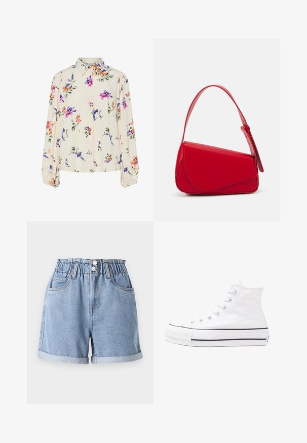 Virágmintás blúz hosszú puffos ujjakkal, világos krém alapon, lila, narancs és zöld virágmintázattal, klasszikus gallér dizájnnal.; Világoskék denim rövidnadrág rugalmas derékkal, két elülső zsebbel, kifordított szegélyekkel és dupla gombos zárással. Simaság jellemzi, laza stílus.; Fehér magaskorsó vászon sportcipő fekete gumi talppal, elülső gumi orrnyereggel és hat fűzőlyukkal, letisztult, minimalista dizájnnal.; Piros bőr kézitáska szögletes, geometrikus kialakítással. Egy állítható pánttal és varrott részletekkel ellátott fedélzárral rendelkezik.