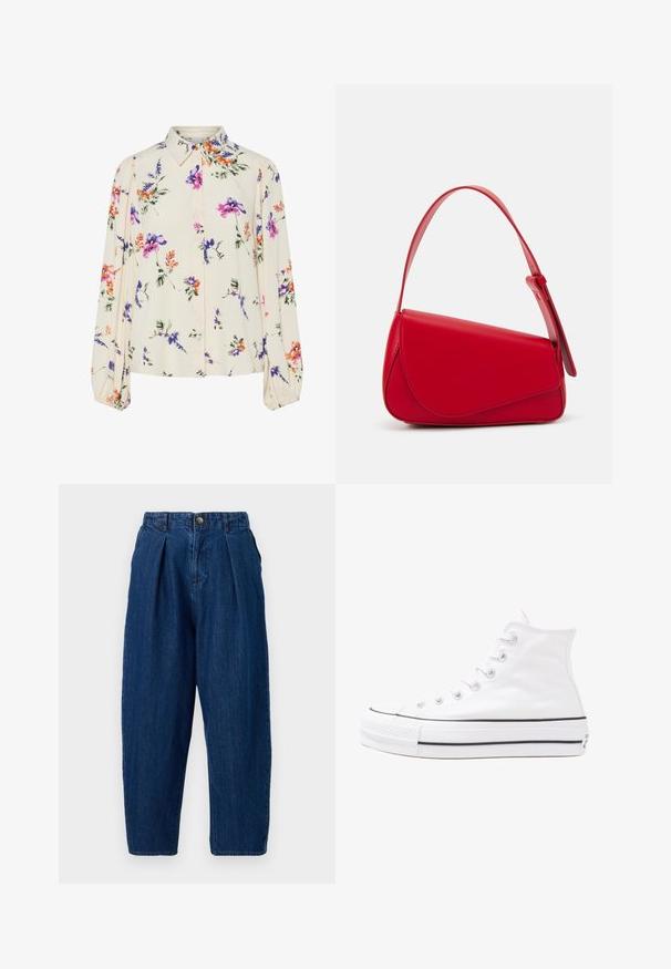 Floral blouse with long puff sleeves, light cream base, featuring purple, orange, and green floral patterns, and classic collar design.; Dark blue denim trousers with a relaxed fit, featuring pleats at the front, a button closure, and tapered legs.; White high-top canvas sneaker with black rubber sole, front rubber toe cap, and six eyelets for laces, featuring a clean, minimalist design.; Red leather handbag with an angular, geometric design. Features a single adjustable strap and a flap closure with stitched detailing.