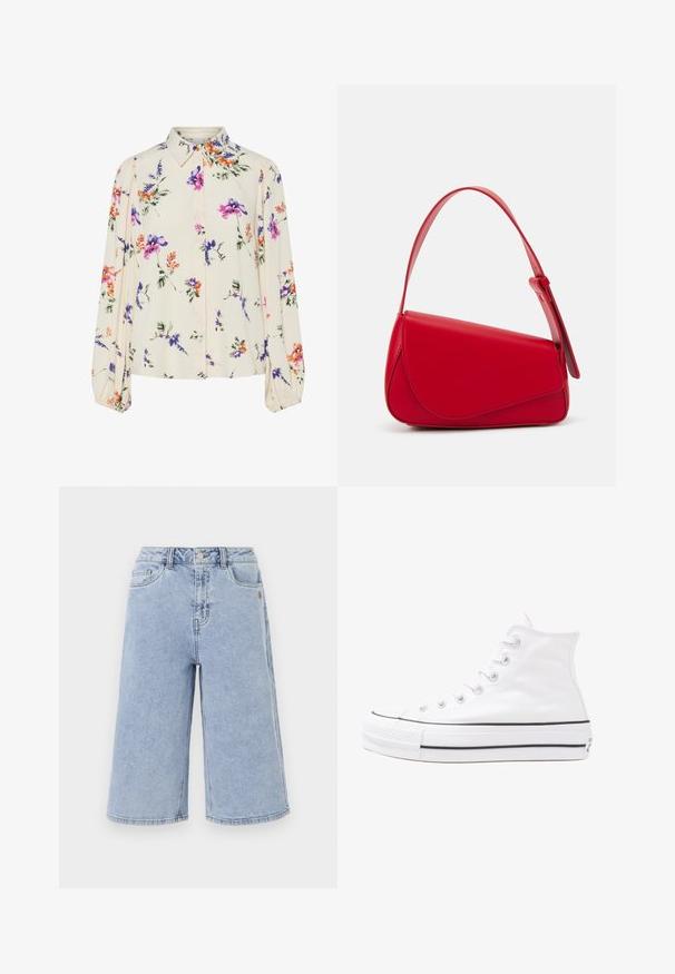 Blouse fleurie à manches bouffantes longues, base crème clair, ornée de motifs floraux violets, oranges et verts, avec un col classique.; Object OBJISR BERMUDA - Short en jean - medium blue denim; Baskets montantes en toile blanche avec semelle en caoutchouc noir, capuchon en caoutchouc à l'avant, et six œillets pour les lacets, présentant un design épuré et minimaliste.; Sac à main en cuir rouge avec un design angulaire et géométrique. Il dispose d'une seule sangle ajustable et d'une fermeture à rabat avec un detailing cousu.