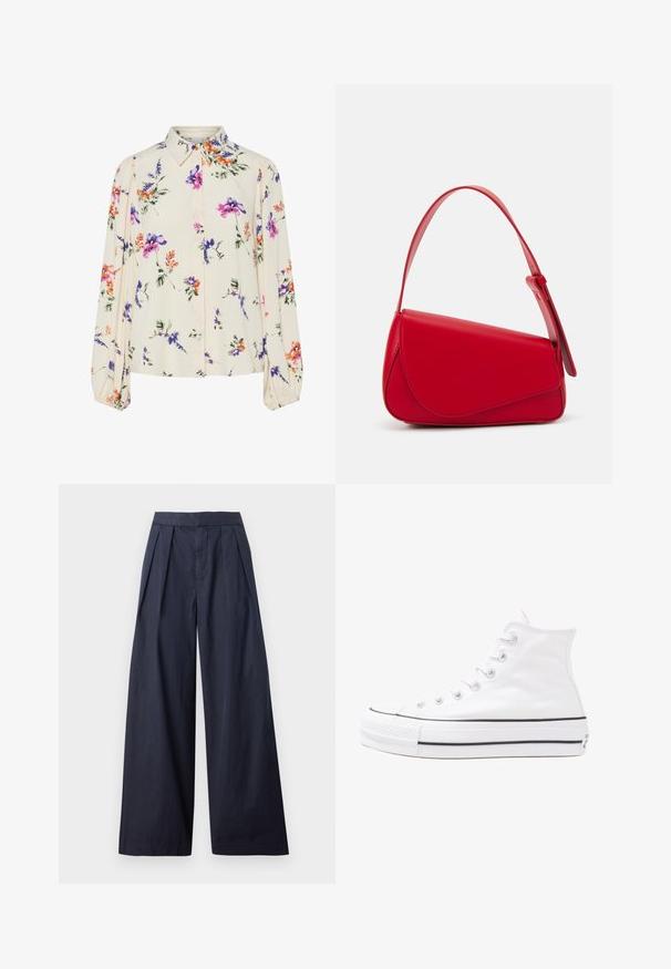 Kvetinová blúzka s dlhými puff rukávmi, svetlovo krémovej farby, so vzormi kvetov v purpurovej, oranžovej a zelenej farbe, a klasickým dizajnom goliera.; Námornícke široké nohavice so skladaným predným dielom a šitým pásom. Vyrobené z hladkej, ľahkej tkaniny, s rovným strihom a bez viditeľného kovania.; Biele vysoké plátené tenisky s čiernou gumovou podošvou, prednou gumovou špičkou a šiestimi okami na šnúrky, s čistým, minimalistickým dizajnom.; Červená kožená kabelka s ostrým, geometrickým dizajnom. Má jeden nastaviteľný popruh a uzatváranie na klopu so šitím.