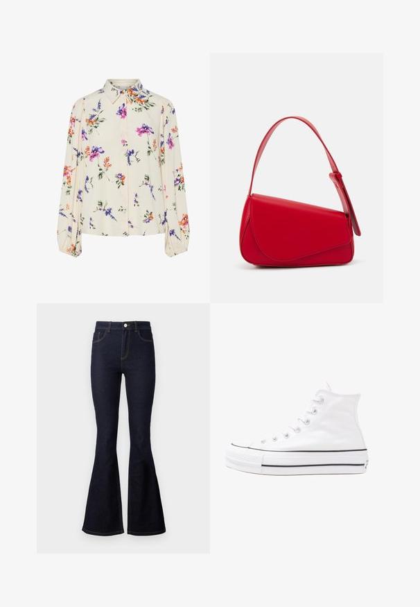 Cvetna bluzica z dolgimi puff rokavi, svetlo smetanaste barve, s purpurnimi, oranžnimi in zelenimi cvetličnimi vzorci ter klasičnim ovratnikom.; Temno modri široki kavbojki iz denima. Visok pas z gumbom in zadrgo, z kontrastnimi šivi in gladko teksturo.; Beli visoki platneni športni čevelj z črnim gumijastim podplatom, sprednjim gumijastim zaščitnikom za prste in šestimi luknjicami za vezalke, ki se ponaša s preprostim, minimalističnim dizajnom.; Rdeča usnjena torba z angularnim, geometrijskim dizajnom. Ima en samostoječ nastavljiv ročaj in pokrov, zaprt z zapiranjem, ki je okrašen s šivi.