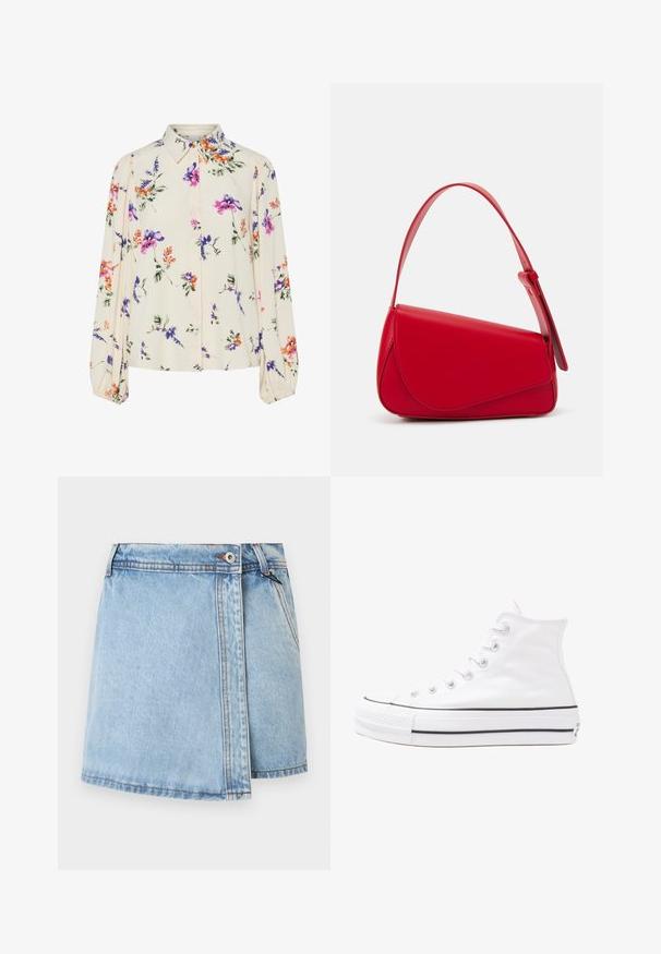 Blomstrete bluse med lange pufferm, lys kremfarge, med lilla, oransje og grønne blomster mønstre, og klassisk kragedesign.; Lys blå denimskjørt med rett snitt, frontåpning med knapper og kontrastfargede sømmer. Ingen lommer synlige.; Hvit høy-skinn kanvas sneakers med svart gummisåle, gummitåhette foran og seks hull for snorer, med et rent, minimalistisk design.; Rød lærveske med en vinklet, geometrisk design. Har en enkelt justerbar stropp og en klaffelukking med sydd detaljer.