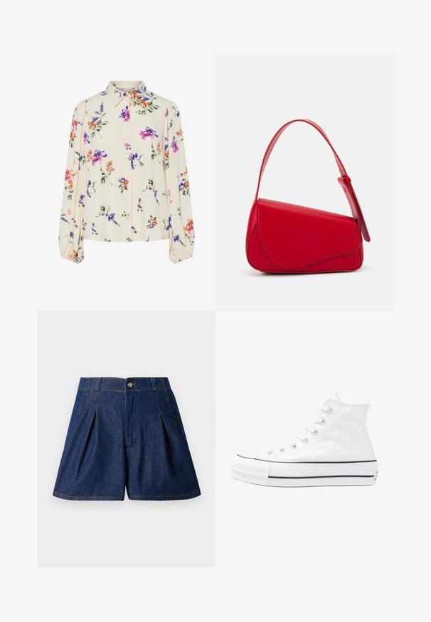 Kvetinová blúzka s dlhými puff rukávmi, svetlovo krémovej farby, so vzormi kvetov v purpurovej, oranžovej a zelenej farbe, a klasickým dizajnom goliera.; Tmavomodré džíny šortky s prešívaním, gombíkovým zapínaním a bočnými vreckami. Majú viditeľné švy a hladkú textúru.; Biele vysoké plátené tenisky s čiernou gumovou podošvou, prednou gumovou špičkou a šiestimi okami na šnúrky, s čistým, minimalistickým dizajnom.; Červená kožená kabelka s ostrým, geometrickým dizajnom. Má jeden nastaviteľný popruh a uzatváranie na klopu so šitím.