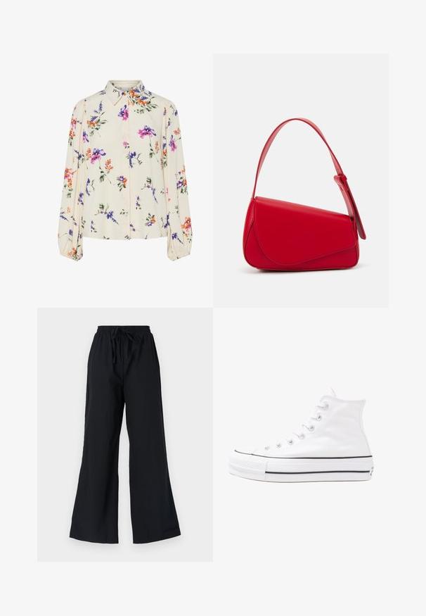 Kvetinová blúzka s dlhými puff rukávmi, svetlovo krémovej farby, so vzormi kvetov v purpurovej, oranžovej a zelenej farbe, a klasickým dizajnom goliera.; Čierne široké nohavice vyrobené z ľahkej látky, s elastickým pásom a šnúrkou na stiahnutie a hladkým povrchom.; Biele vysoké plátené tenisky s čiernou gumovou podošvou, prednou gumovou špičkou a šiestimi okami na šnúrky, s čistým, minimalistickým dizajnom.; Červená kožená kabelka s ostrým, geometrickým dizajnom. Má jeden nastaviteľný popruh a uzatváranie na klopu so šitím.