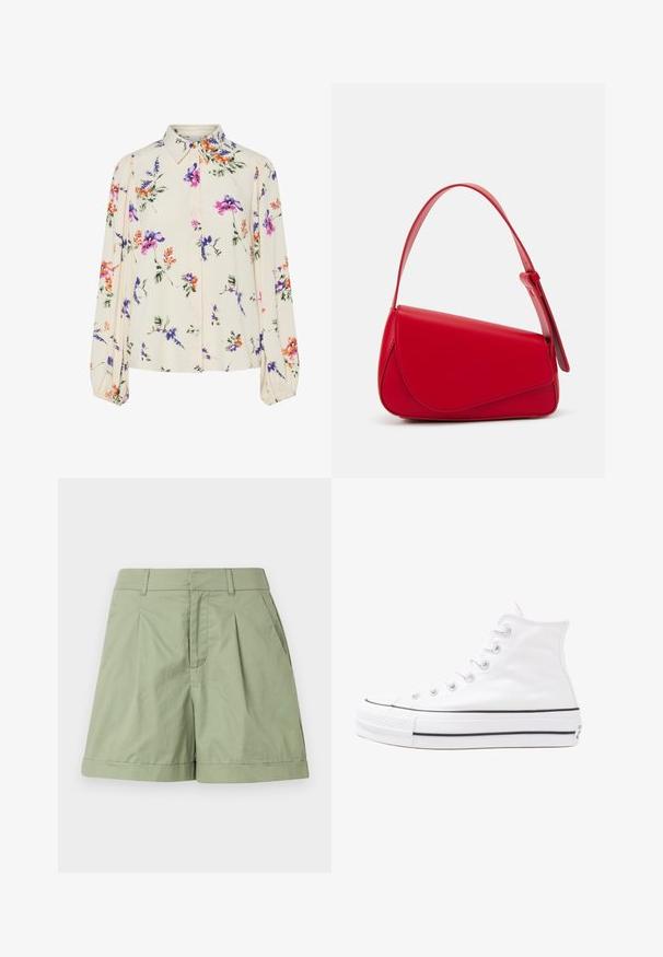 Ziedu blūze ar garām pūkām, gaiši krēmveida pamatne, ar purpursarkanām, oranžām un zaļām ziedu rakstiem, kā arī klasisko apkakles dizainu.; Zaļi kokvilnas šorti ar pleitu priekšpusi, izlīdzinātu apdari un sānu kabatām. Gluda tekstūra un piegriezums komfortablai nēsāšanai.; Balti augstie kanvas sporta apavi ar melnu gumijas zoli, priekšējo gumijas purngalu un sešām acīm lencēm, kuriem ir tīrs, minimālistisks dizains.; Sarkans ādas rokassomi ar stūrainu, ģeometrisku dizainu. Iekļauj vienu regulējamu siksnu un vāku ar izšūtu detaļu.