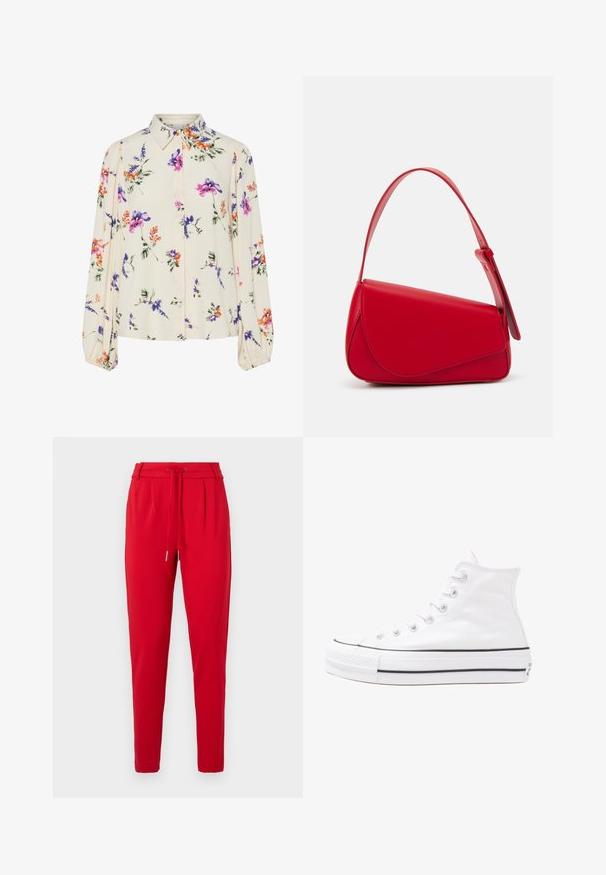 Bluză florală cu mâneci lungi și puff, bază de crem deschis, cu modele florale în nuanțe de violet, portocaliu și verde, și design cu guler clasic.; Pantaloni roșii, conici, cu talie ajustabilă prin șnur și plisse în față, prezentati pe un fundal alb.; Adidași albi tip pantofi sport cu glezna din pânză, cu talpă din cauciuc negru, capac de vârf din cauciuc frontal și șase ochiuri pentru șireturi, având un design curat și minimalist.; Geantă de mână din piele roșie, cu un design unghiular și geometric. Dispune de o singură curea ajustabilă și un sistem de închidere cu clapetă, cu detalii cusute.