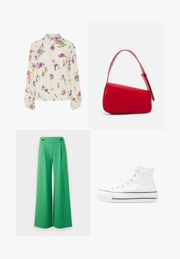 Floral blouse with long puff sleeves, light cream base, featuring purple, orange, and green floral patterns, and classic collar design.; Wide-leg trousers made of bright green fabric, featuring a fitted waistband and two black button accents on the front. Smooth texture.; White high-top canvas sneaker with black rubber sole, front rubber toe cap, and six eyelets for laces, featuring a clean, minimalist design.; Red leather handbag with an angular, geometric design. Features a single adjustable strap and a flap closure with stitched detailing.
