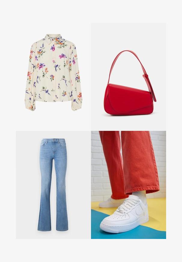 Blusa floral con mangas largas abullonadas, base color crema claro, con patrones florales en púrpura, naranja y verde, y diseño de cuello clásico.; Jeans acampanados de color azul claro con una cintura de altura media, diseño clásico de cinco bolsillos y un ligero desvanecimiento a lo largo de las piernas. Textura de tela vaquera.; Zapatilla de cuero blanco con caja de dedos perforada, suela texturizada y cordones blancos, combinada con pantalones rojos amplios y un fondo azul y amarillo.; Bolso de cuero rojo con un diseño angular y geométrico. Cuenta con una única correa ajustable y un cierre de solapa con detalles de costura.