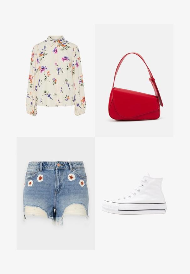 Blusa floral com mangas bufantes longas, base de creme claro, apresentando padrões florais em roxo, laranja e verde, e design de gola clássica.; Shorts de ganga com bainha desfiada, de cor azul-claro, apresentando bordados florais em branco e castanho na parte da frente. Design de cinco bolsos.; Sapatilha alta de tela branca com sola de borracha preta, bico de borracha na frente e seis ilhós para os atacadores, apresentando um design limpo e minimalista.; Bolsa de mão em couro vermelho com um design angular e geométrico. Apresenta uma única alça ajustável e um fecho com aba, com detalhes cosidos.