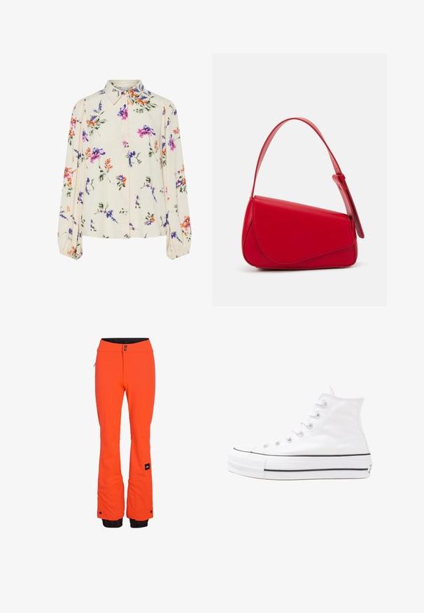 Blomsterbluse med lange puffærmer, lys cremefarvet base, prydet med lilla, orange og grønne blomster mønstre samt klassisk krave design.; Lyse orange ski-bukser med slim fit, der har en lynlåslomme, forstærkede manchetter og justerbare talje-knapper. Sort indvendigt foer.; Hvide høje kanvas sneakers med sort gummisål, gummitåhætte foran og seks øjehuller til snørebånd, der har et rent, minimalistisk design.; Rød læderhåndtaske med et kantet, geometrisk design. Har en enkelt justerbar rem og en klaplukning med syede detaljer.