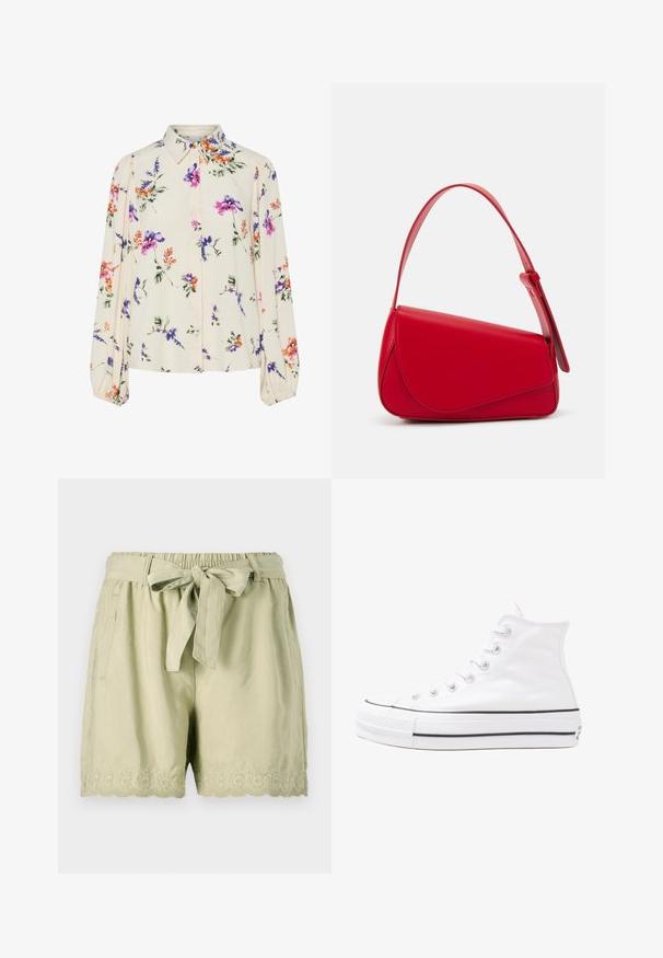Floral blouse with long puff sleeves, light cream base, featuring purple, orange, and green floral patterns, and classic collar design.; Light green shorts made of soft fabric, featuring an elastic waistband, a tied belt, side pockets, and intricate scalloped embroidery at the hem.; White high-top canvas sneaker with black rubber sole, front rubber toe cap, and six eyelets for laces, featuring a clean, minimalist design.; Red leather handbag with an angular, geometric design. Features a single adjustable strap and a flap closure with stitched detailing.