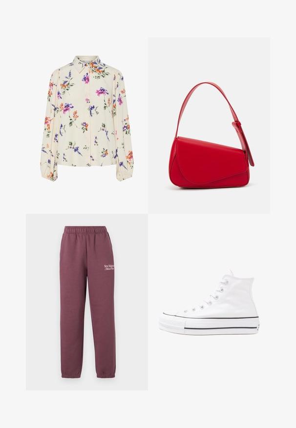 Blomstrete bluse med lange pufferm, lys kremfarge, med lilla, oransje og grønne blomster mønstre, og klassisk kragedesign.; Bordeaux joggebukser med elastisk linning, smale mansjetter og en hvit "New Balance Athletic Club"-logo på høyre ben. Myk tekstur.; Hvit høy-skinn kanvas sneakers med svart gummisåle, gummitåhette foran og seks hull for snorer, med et rent, minimalistisk design.; Rød lærveske med en vinklet, geometrisk design. Har en enkelt justerbar stropp og en klaffelukking med sydd detaljer.