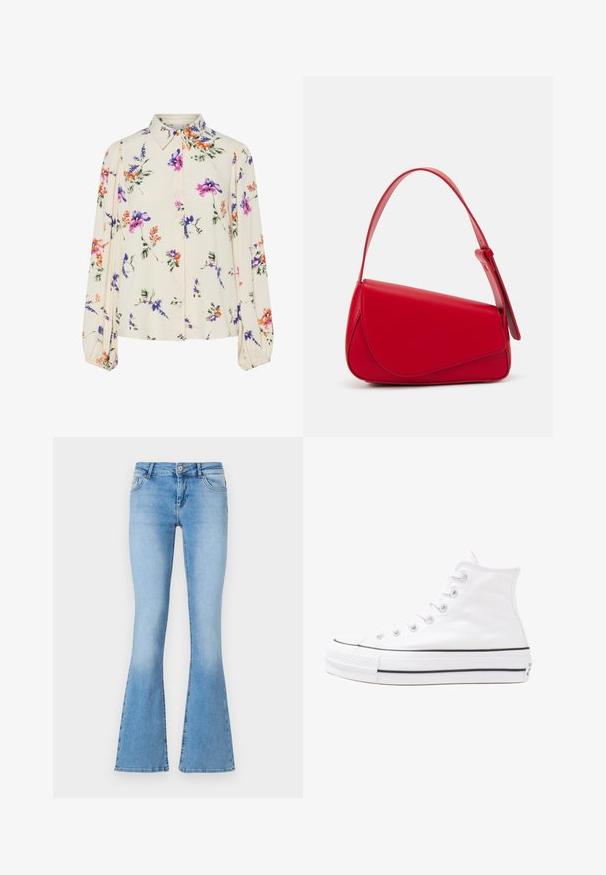 Floral blouse with long puff sleeves, light cream base, featuring purple, orange, and green floral patterns, and classic collar design.; Light blue flared jeans made of denim with a mid-rise waist, featuring front pockets and stitching details along the seams and hems.; White high-top canvas sneaker with black rubber sole, front rubber toe cap, and six eyelets for laces, featuring a clean, minimalist design.; Red leather handbag with an angular, geometric design. Features a single adjustable strap and a flap closure with stitched detailing.