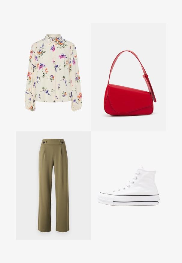 Floral blouse with long puff sleeves, light cream base, featuring purple, orange, and green floral patterns, and classic collar design.; Olive green, wide-leg trousers with a high waist, featuring two black buttons on the waistband and front pleats. Smooth fabric texture.; White high-top canvas sneaker with black rubber sole, front rubber toe cap, and six eyelets for laces, featuring a clean, minimalist design.; Red leather handbag with an angular, geometric design. Features a single adjustable strap and a flap closure with stitched detailing.