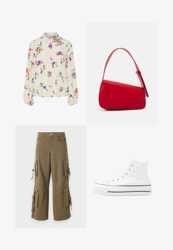 Virágmintás blúz hosszú puffos ujjakkal, világos krém alapon, lila, narancs és zöld virágmintázattal, klasszikus gallér dizájnnal.; Olíva zöld pamut cargo nadrág. Több oldalsó zsebbel, állítható megkötőkkel és laza fit. Puha textúra varrott részletekkel.; Fehér magaskorsó vászon sportcipő fekete gumi talppal, elülső gumi orrnyereggel és hat fűzőlyukkal, letisztult, minimalista dizájnnal.; Piros bőr kézitáska szögletes, geometrikus kialakítással. Egy állítható pánttal és varrott részletekkel ellátott fedélzárral rendelkezik.