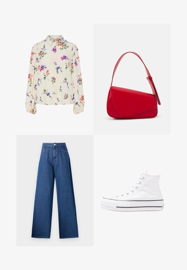 Gėlių bluzonas su ilgomis pūkuotomis rankovėmis, šviesiai kreminiu pagrindu, su violetiniais, oranžiniais ir žaliais gėlių raštais bei klasikiniu apykaklės dizainu.; Tamsiai mėlynos plačių kojų džinsai, turintys aukštą liemenį, priekinį mygtuko užsegimą ir klasikinį penkių kišenių dizainą. Lygi tekstūra, be raštų.; Balti aukštakulniai drobės sportbačiai su juodu guminio pado, priekinio guminio piršto dangteliu ir šešiais akytėmis raištams, pasižymintys švariu, minimalistiniu dizainu.; Raudona odinė rankinė su kampuota, geometrine forma. Pasižymi viena reguliuojama dirželiu ir dangteliu su siuvinėtais dekoracijomis.