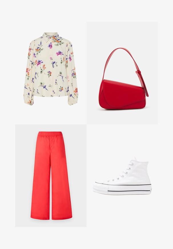 Bluză florală cu mâneci lungi și puff, bază de crem deschis, cu modele florale în nuanțe de violet, portocaliu și verde, și design cu guler clasic.; Pantaloni largi roșii cu talie elastică, având o textură netedă și un material ușor. Fără buzunare sau închideri vizibile.; Adidași albi tip pantofi sport cu glezna din pânză, cu talpă din cauciuc negru, capac de vârf din cauciuc frontal și șase ochiuri pentru șireturi, având un design curat și minimalist.; Geantă de mână din piele roșie, cu un design unghiular și geometric. Dispune de o singură curea ajustabilă și un sistem de închidere cu clapetă, cu detalii cusute.