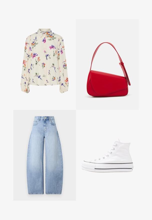 Blusa floreale con maniche puff lunghe, base di un chiaro crema, caratterizzata da motivi floreali in viola, arancione e verde, con un classico design del colletto.; Jeans a gamba larga di un blu chiaro, realizzati in denim. Design a vita alta con cinque tasche e chiusura a bottone. Finitura pulita senza motivi visibili.; Sneaker alta in tela bianca con suola in gomma nera, punta in gomma frontale e sei asole per i lacci, caratterizzata da un design pulito e minimalista.; Borsa a tracolla in pelle rossa con un design angolare e geometrico. Presenta una singola tracolla regolabile e una chiusura a patta con dettagli cuciti.