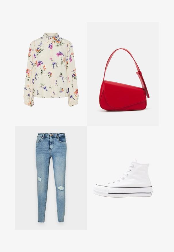 Ziedu blūze ar garām pūkām, gaiši krēmveida pamatne, ar purpursarkanām, oranžām un zaļām ziedu rakstiem, kā arī klasisko apkakles dizainu.; Tievās zilo džinsu bikses ar vieglu mazgāšanu, piedāvā augstu jostasvietu, redzamās priekšējās kabatas un nolietotu audumu ar diviem plēsumiem pie ceļgaliem.; Balti augstie kanvas sporta apavi ar melnu gumijas zoli, priekšējo gumijas purngalu un sešām acīm lencēm, kuriem ir tīrs, minimālistisks dizains.; Sarkans ādas rokassomi ar stūrainu, ģeometrisku dizainu. Iekļauj vienu regulējamu siksnu un vāku ar izšūtu detaļu.