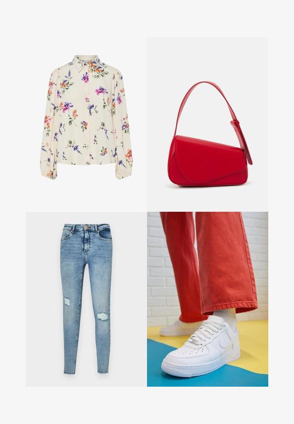 Ziedu blūze ar garām pūkām, gaiši krēmveida pamatne, ar purpursarkanām, oranžām un zaļām ziedu rakstiem, kā arī klasisko apkakles dizainu.; Tievās zilo džinsu bikses ar vieglu mazgāšanu, piedāvā augstu jostasvietu, redzamās priekšējās kabatas un nolietotu audumu ar diviem plēsumiem pie ceļgaliem.; Baltās ādas kedas ar perforētu purngalu, teksturētu zoli un baltām auklām, apvienotas ar platām sarkanām biksēm un zilu un dzeltenu fona.; Sarkans ādas rokassomi ar stūrainu, ģeometrisku dizainu. Iekļauj vienu regulējamu siksnu un vāku ar izšūtu detaļu.