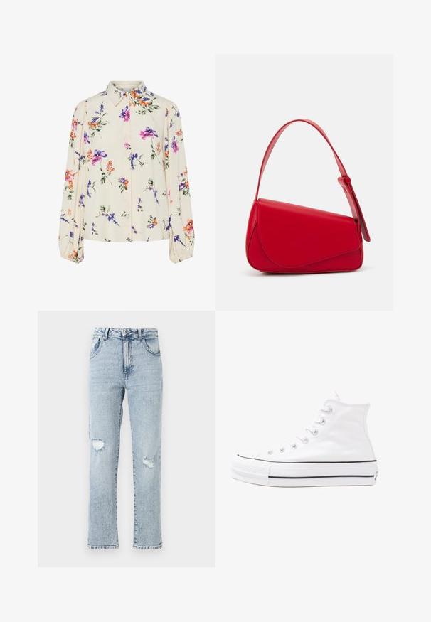 Lille kreemipehme lilleline pluus, millel on pikad puhvli varrukad, millel on lillad, oranžid ja rohelised lillemustrid ning klassikaline kaelus.; Heledad sinine denim, millel on lõdva istuvuse, kaks põlve lõhet, viis taskut ja kulunud serv. Nööp ja tõmblukk sulgemiseks.; Valge kõrgem kangast tenniseking, millel on must kummist tald, ees kummist varvasetugi ja kuus aukku paelte jaoks, pakkudes puhta ja minimalistliku disaini.; Punane nahast käekott, millel on nurkadega geomeetriline disain. Omab ühte reguleeritavat rihma ja klappidega sulgemist, millel on õmblustega kaunistused.