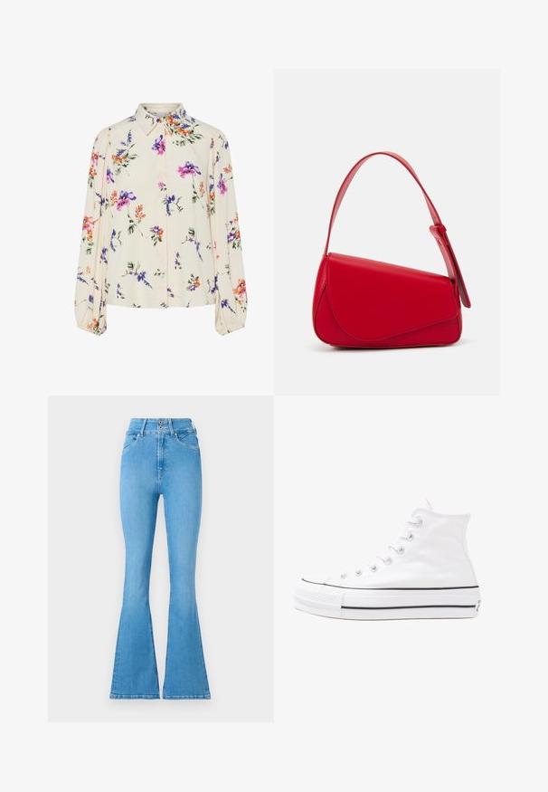 Cvetna bluzica z dolgimi puff rokavi, svetlo smetanaste barve, s purpurnimi, oranžnimi in zelenimi cvetličnimi vzorci ter klasičnim ovratnikom.; Svijetloplave traper hlače s flared krojem i visokim strukom, s dvostrukim kopčanjem i suptilnim detaljima šivanja. Glatka tekstura kroz cijelu hlaču.; Beli visoki platneni športni čevelj z črnim gumijastim podplatom, sprednjim gumijastim zaščitnikom za prste in šestimi luknjicami za vezalke, ki se ponaša s preprostim, minimalističnim dizajnom.; Rdeča usnjena torba z angularnim, geometrijskim dizajnom. Ima en samostoječ nastavljiv ročaj in pokrov, zaprt z zapiranjem, ki je okrašen s šivi.