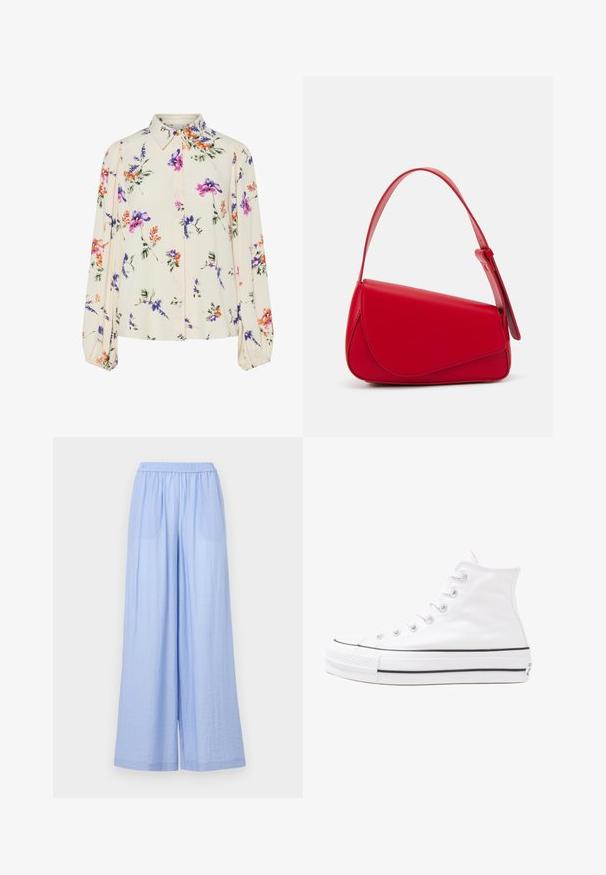 Bloes met bloemenprint en lange pofmouwen, lichte crème basis, met paarse, oranje en groene bloemmotieven, en een klassiek kraagontwerp.; Lichtblauwe wijde broek van textuurstof, met een elastische tailleband en twee zijzakken.; Witte high-top canvas sneakers met een zwarte rubberen zool, een rubberen neuskap aan de voorkant en zes gaatjes voor veters, met een schone, minimalistische uitstraling.; Rode leren handtas met een hoekig, geometrisch ontwerp. Beschikt over een enkele verstelbare schouderriem en een klepclosure met gestikte details.